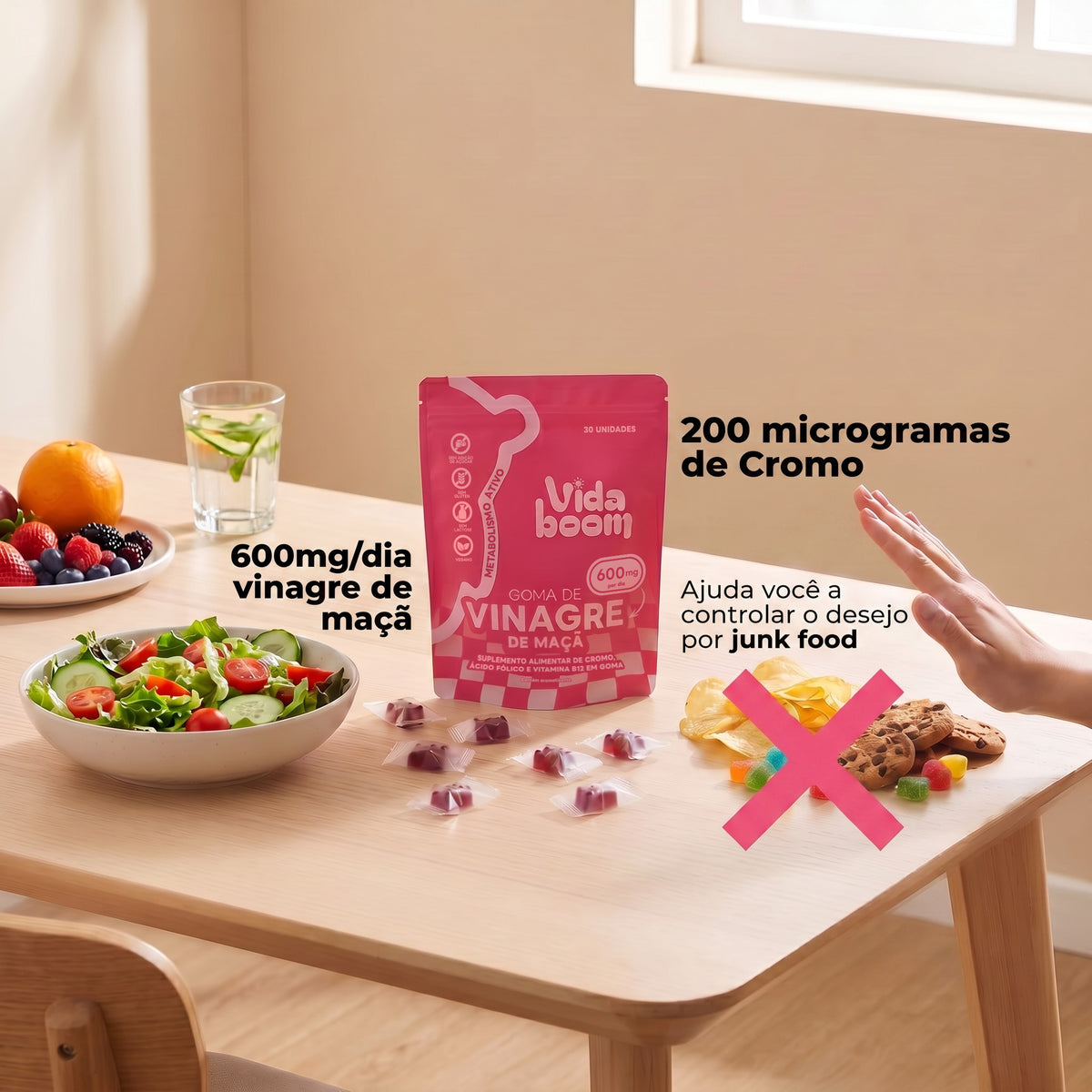 Goma de vinagre de maçã sobre a mesa: 600 mg de vinagre e 200 mcg de cromo por dia