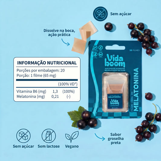 Tabela nutricional do filme oral de melatonina: 0,21 mg de melatonina e vitamina B6 por filme