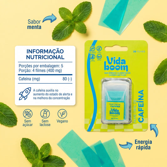 Tabela nutricional do filme oral de cafeína: 80 mg de cafeína na porção de 4 filmes
