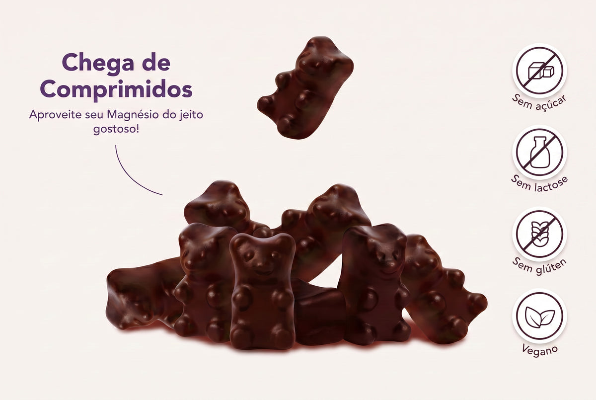 Gomas de magnésio ao lado de comprimidos, com selos sem açúcar, sem lactose, sem glúten e vegano