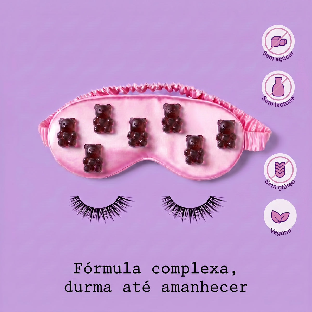 Máscara de dormir com gomas de melatonina e selos sem açúcar, sem lactose, sem glúten e vegano