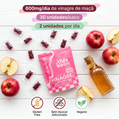 Goma de Vinagre de Maçã: 600 mg por dia, 30 gomas por embalagem e 2 por dia, em sachês individuais ao lado de maçãs