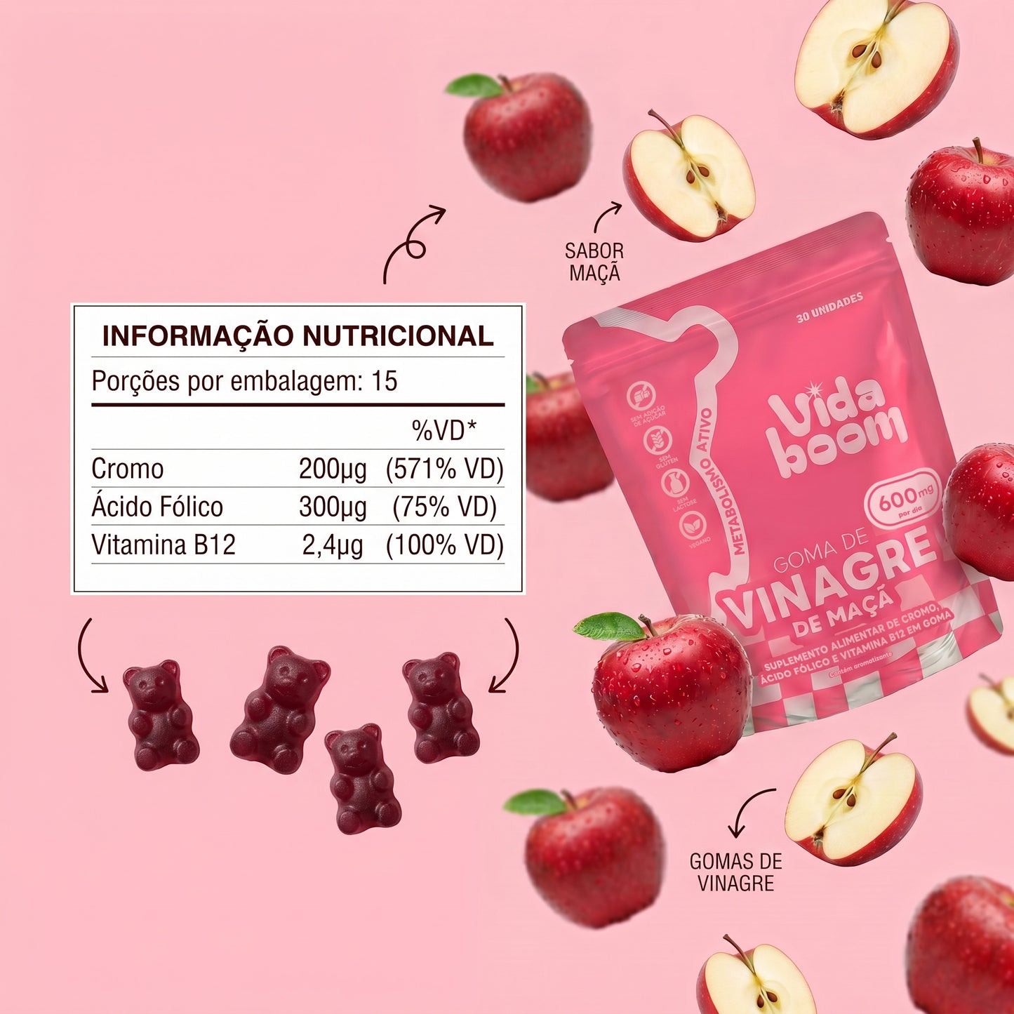 Goma de Vinagre de Maçã (200mg de Cromo e 600mg de Vinagre de Maçã por dia)- PAGUE 2 LEVE 3!