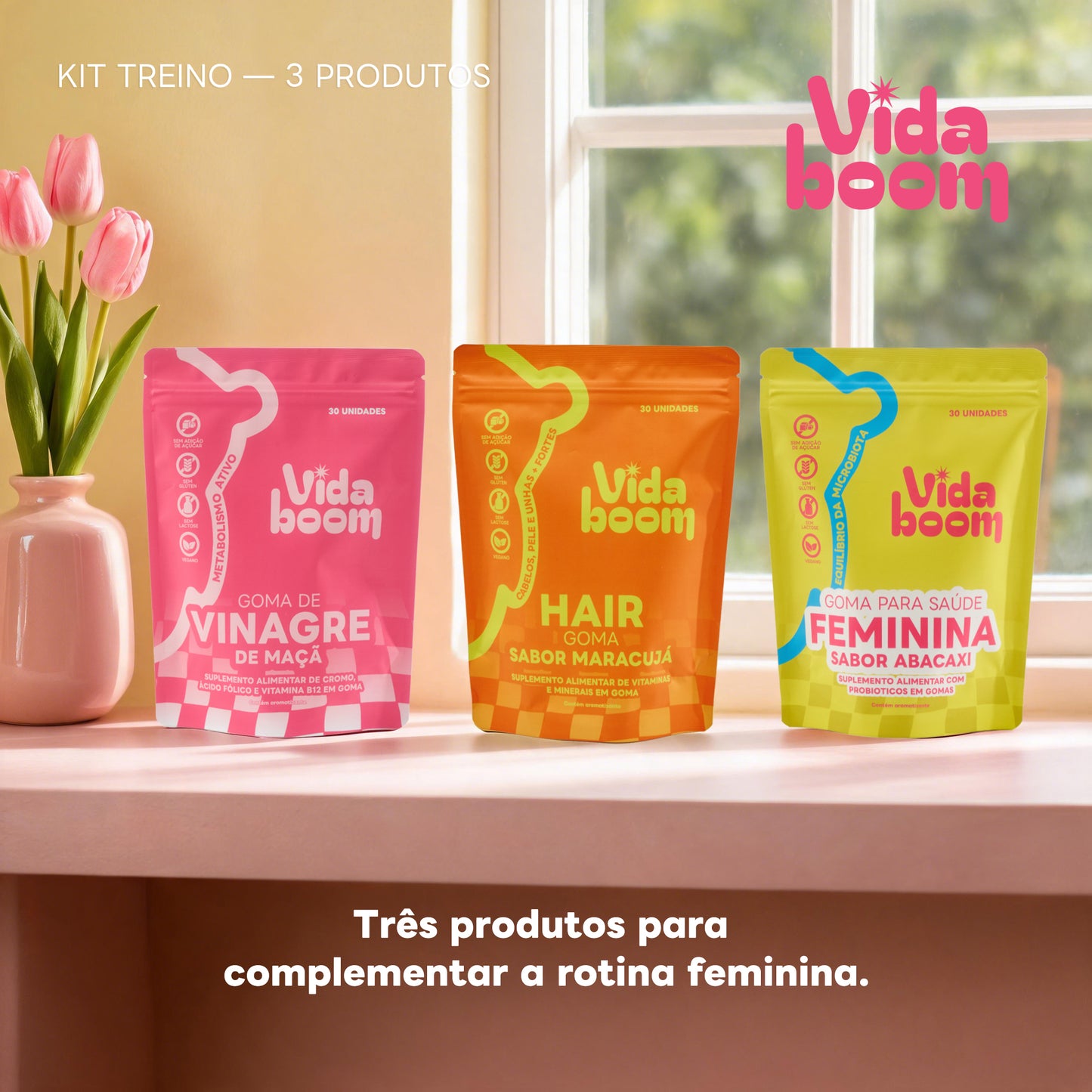 Kit Glow Feminino （1 Goma Hair + 1 Goma de Vinagre de Maçã + 1 Goma para Saúde Feminina )